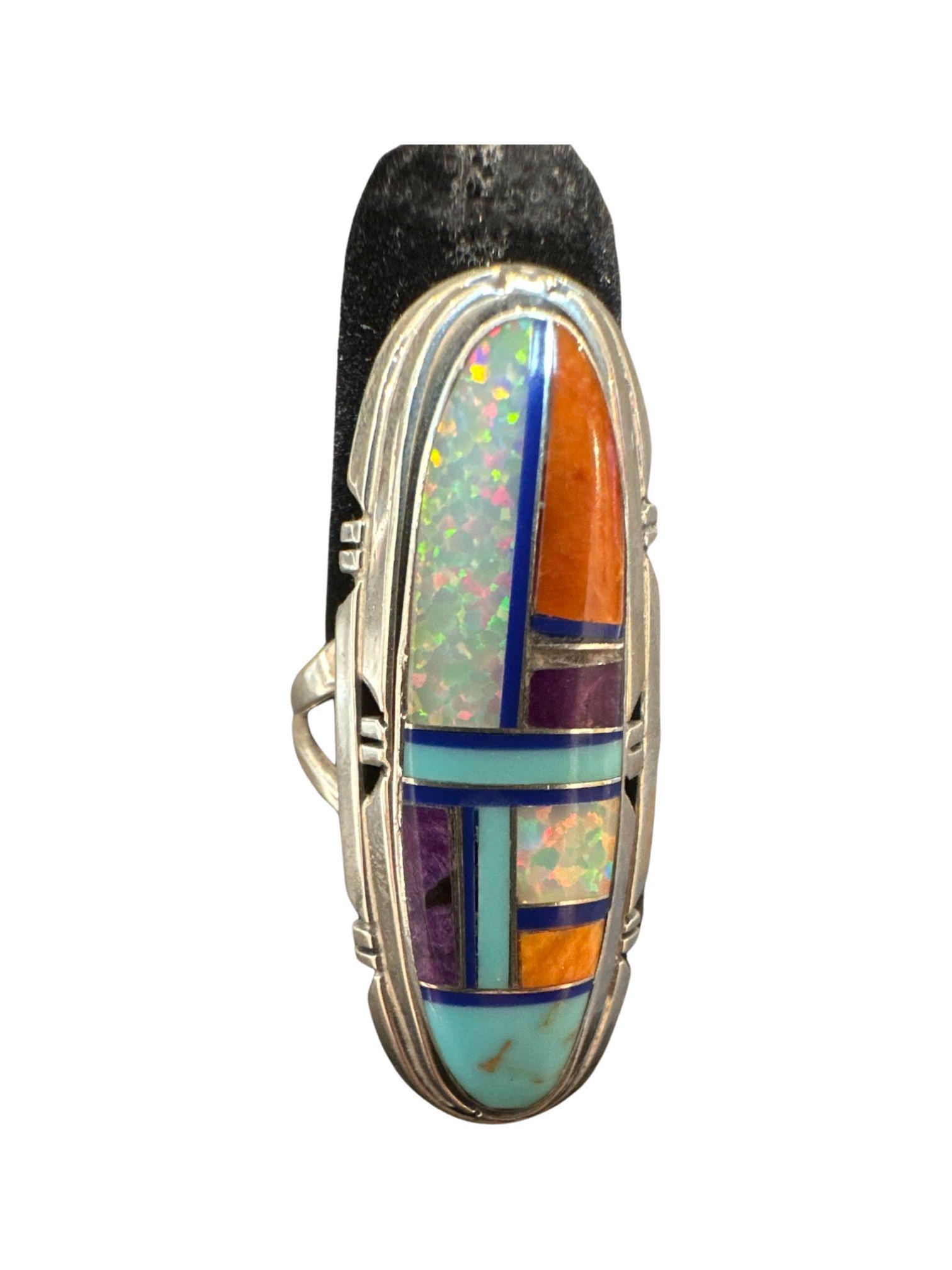 Sterling Silver, Turquoise, and Gemstone Inlay Ring marked "Sterling" "B" ; size 6 1/4 ; 1 1/2" x (1 of 4)