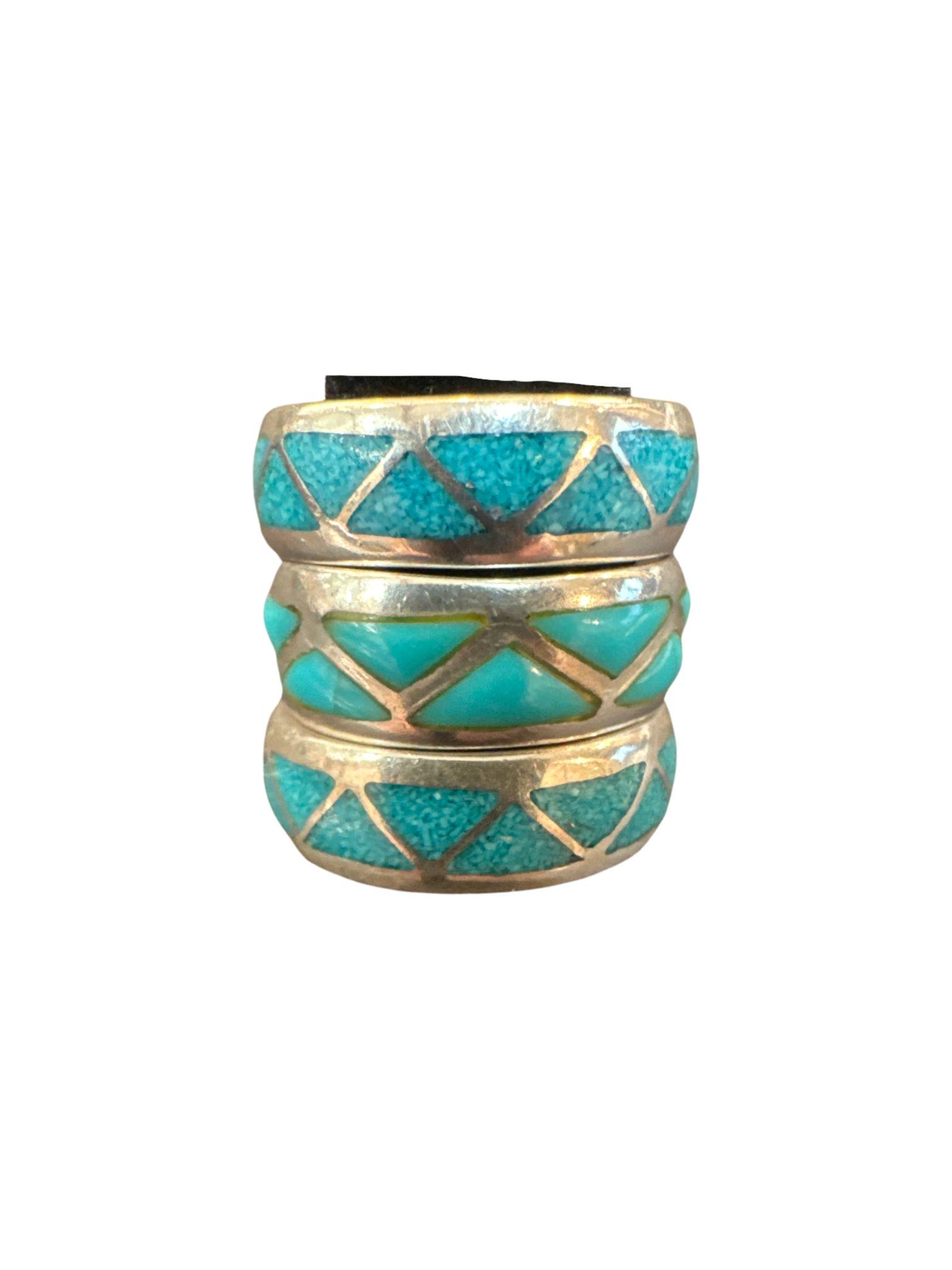 3 piece Lot Silver & Turquoise Inlay rings two are marked Sterling; size 6 1/2 (not marked sterling) (1 of 4)
