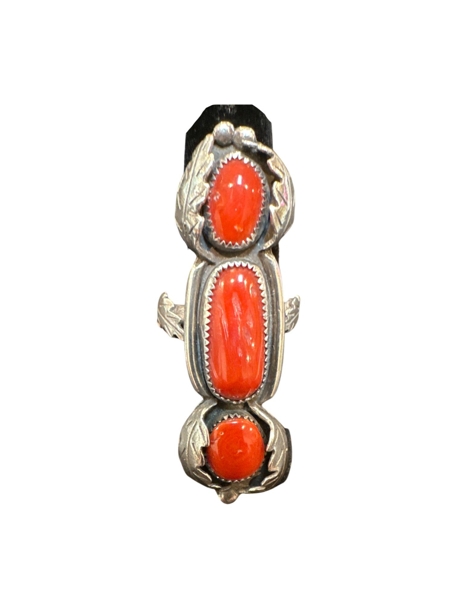 Sterling Silver & Coral Ring marked "K F" leaf design; size 8 1/2 ; 2 1/8" x 1/2" (1 of 4)