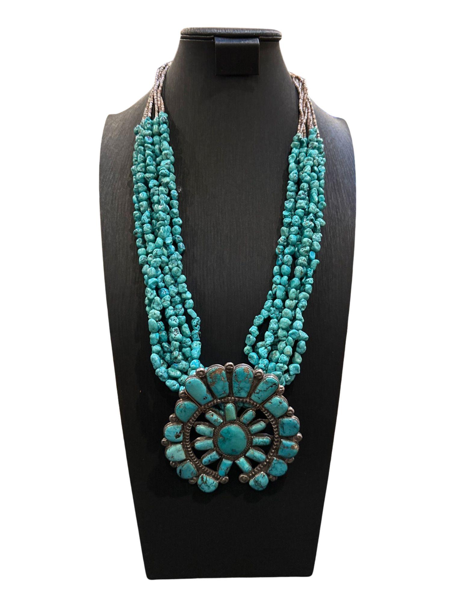 Turquoise Multistrand Necklace w/ pendent w/ Turquoise & Silver; 17" from end of knot to bottom of (1 of 6)