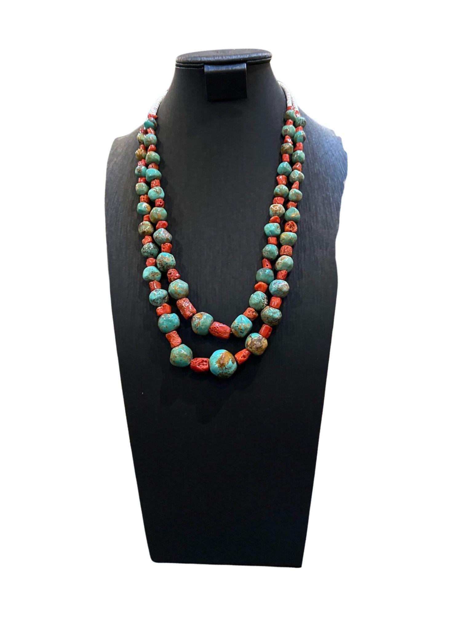 3-pc lot; Turquoise & Red Coral Necklace & Earrings two separate necklaces, can be worn together; (1 of 5)