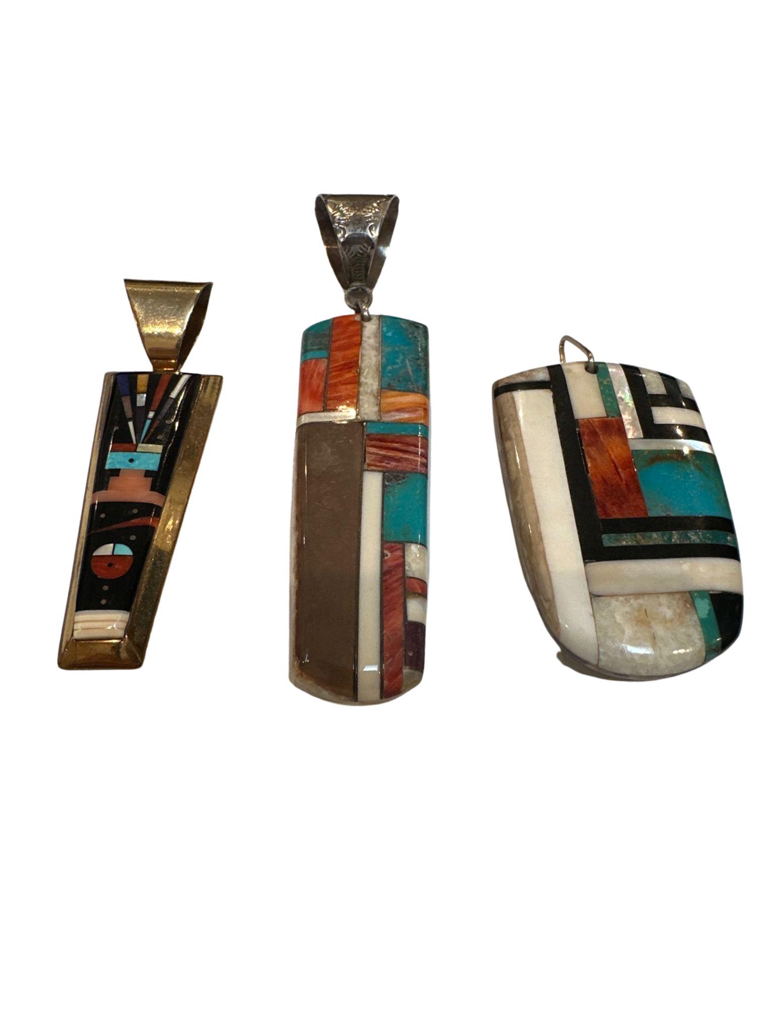 3-Piece Lot of Inlay Pendants one is marked "ET" "12 KGF"; longest is 3 1/4" ; 2 5/8" (other two) (1 of 5)