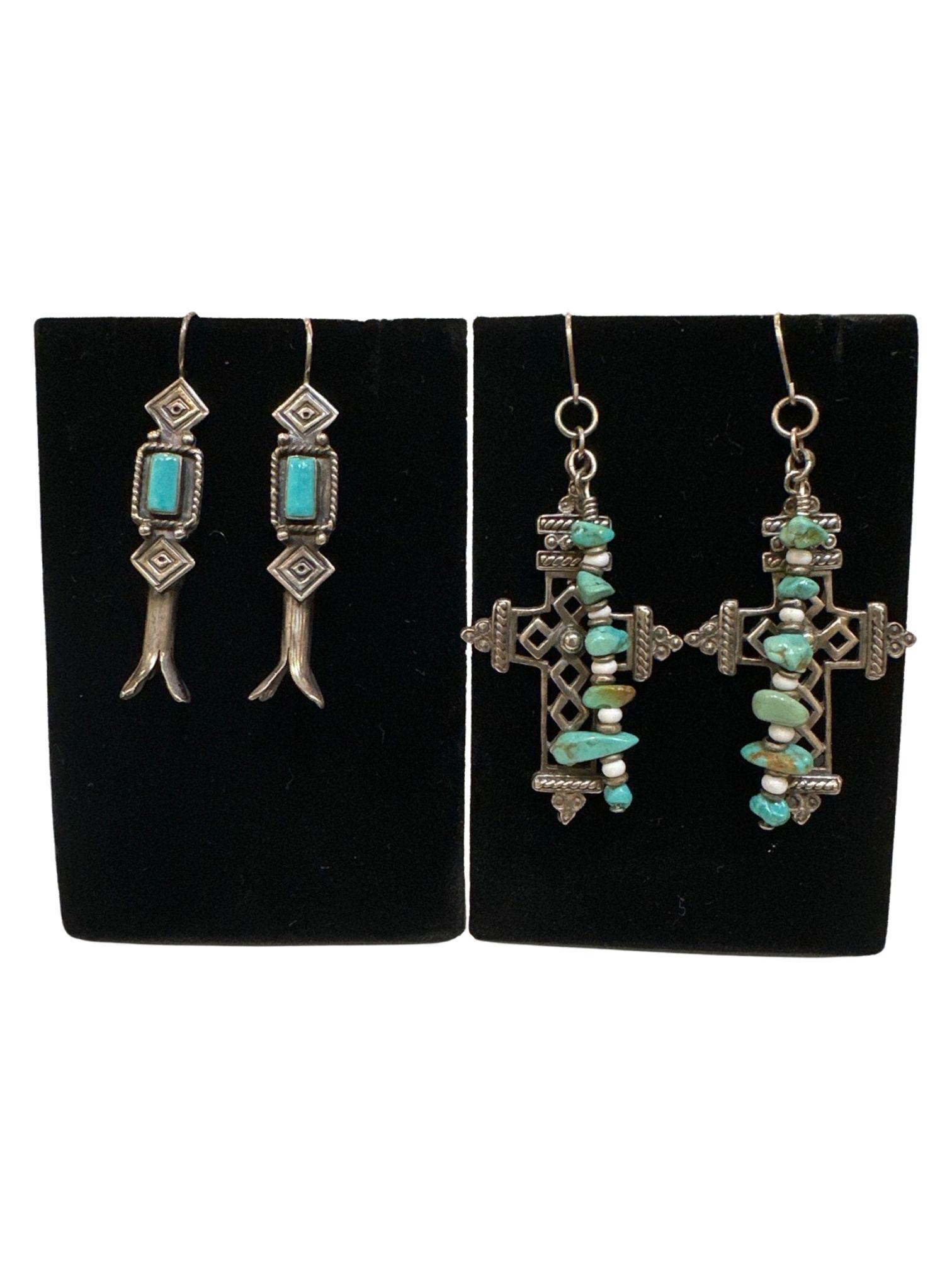 2-Piece Lot: Silver & Turquoise Earrings Cross & Squash Blossum; cross: 2" x 1" ; squash blossom: 1 (1 of 4)