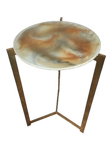 Kristine Daniel Design Glass Disc: Kristine Daniel Design Glass Disc side table on gold finish metal frame. Top lifts off. 14" x 24" tall