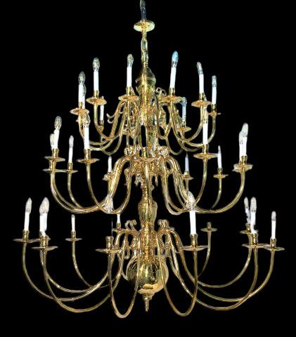 Gelderland Chandelier: Gelderland Chandelier brass with gold finish. Three levels of U-shaped arms with candlestick fixtures. 50" diameter x 72" tall