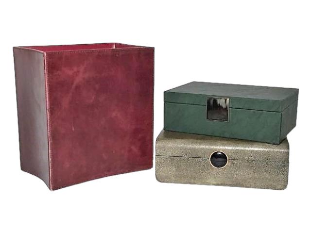 Leather Wrapped Hinged Boxes: Leather Wrapped Hinged Boxes and leather trash bin. Largest box is 13" x 9" x 5" tall