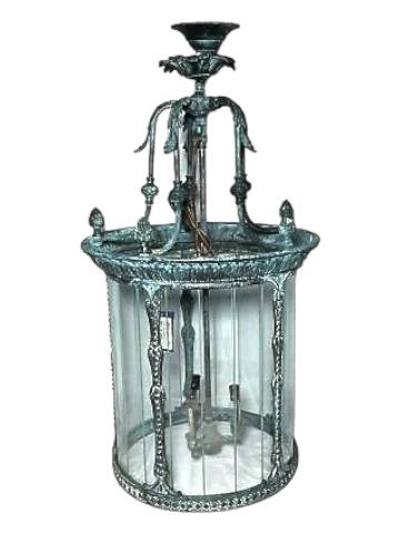Italian Badiri Patina Metal Lantern Light: Italian Badiri Patina Metal Lantern Light with glass panel surround, 18" diameter x 32" tall