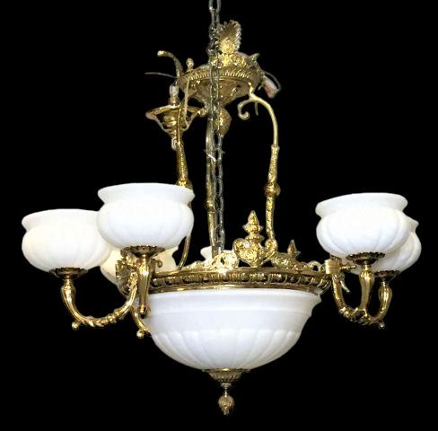 Ornate Brass & Alabaster 9 Shade Chandelier: Ornate Brass & Alabaster 9 Shade Chandelier 33" diameter, 33" tall