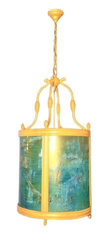 Custom Beautiful World Lantern Fixture: Custom Beautiful World Lantern Fixture swirl glass panels. 22.5" diameter x 45" tall. Includes chain & bracket