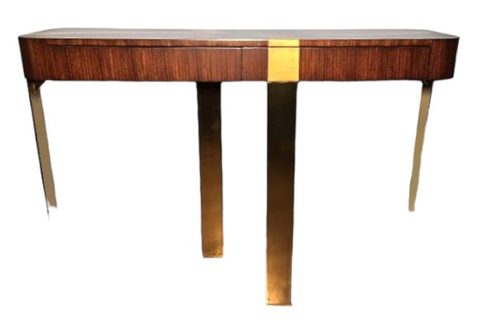 Theodore Alexander Rhythum Console: Theodore Alexander Rhythum Console two drawers, brass legs. Inlaid wood design. 50.5" x 15" x 356" tall