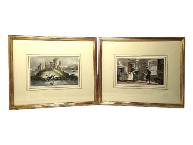 "Doctor Syntax Tumbling Into The Water" &: Doctor Syntax Tumbling Into The Water & "Doctor Syntax Copying The Wit of The Window" gilt framed prints, behind glass, lot of 2, 14" wide x 12" tall