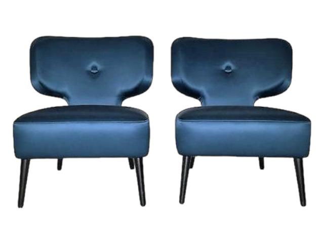 Hamilton Counte Paris Blue Satin Slipper Chairs: Hamilton Counte Paris Blue Satin Slipper Chairs lot of 2, 23" wide x 23" x 30" tall x 16" floor to seat