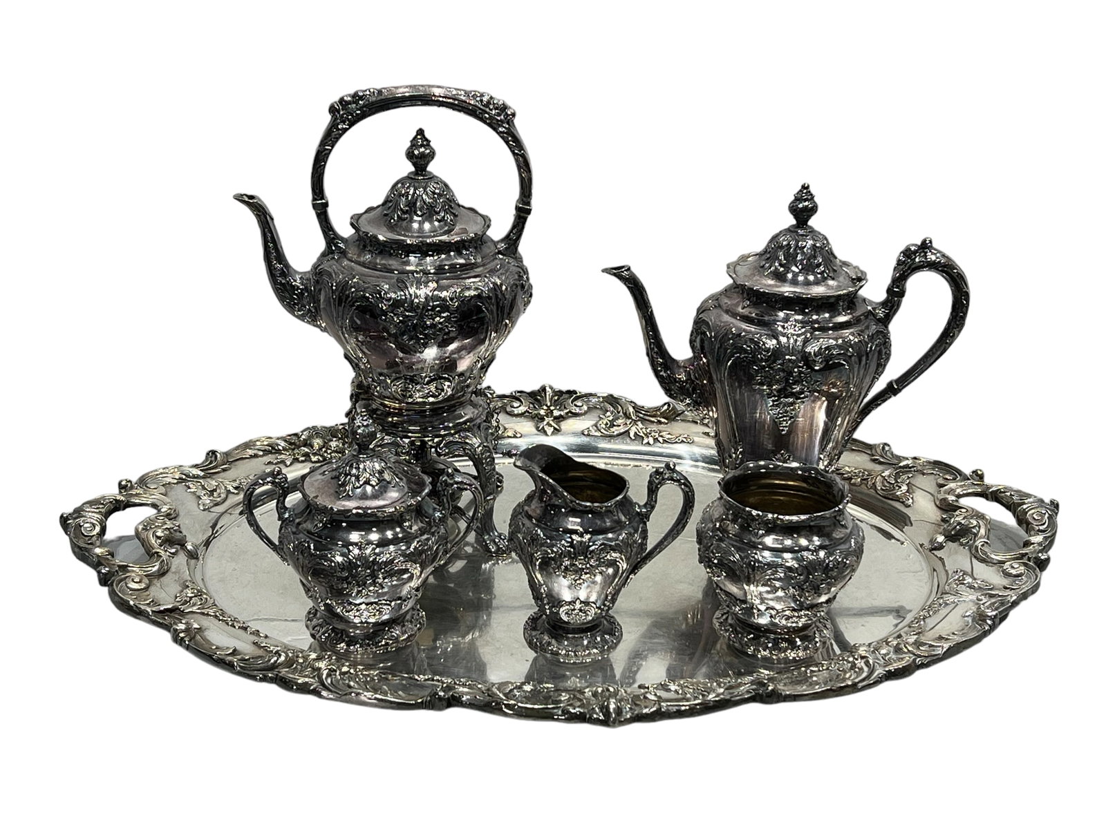 6pc. Lot - Silver Plate Tea Set - Renaissance tray - 21 7/8"  x   30 3/8"   /   tallest -  14"H, (1 of 20)