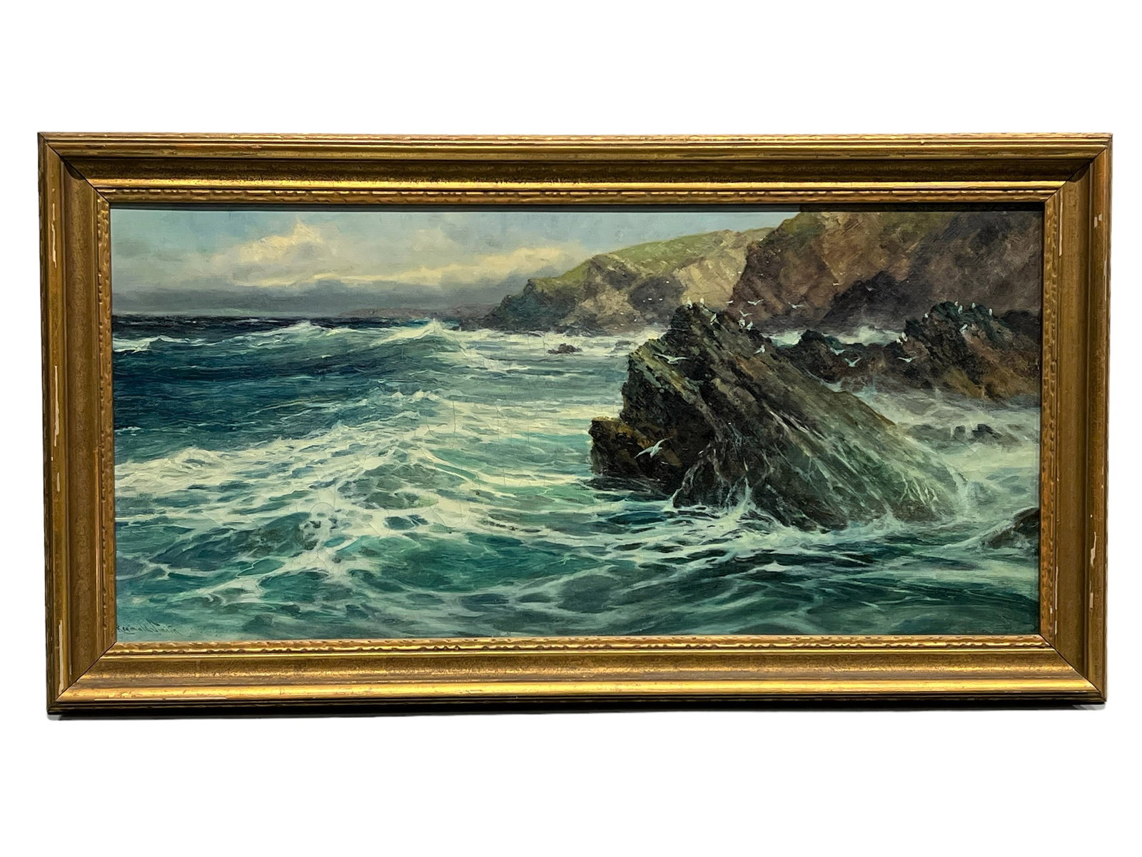 Early 1900's O / C -  Seascape artist -  Reginald Smith    /     frame -  25 1/2"  x   47 1/2" (1 of 15)