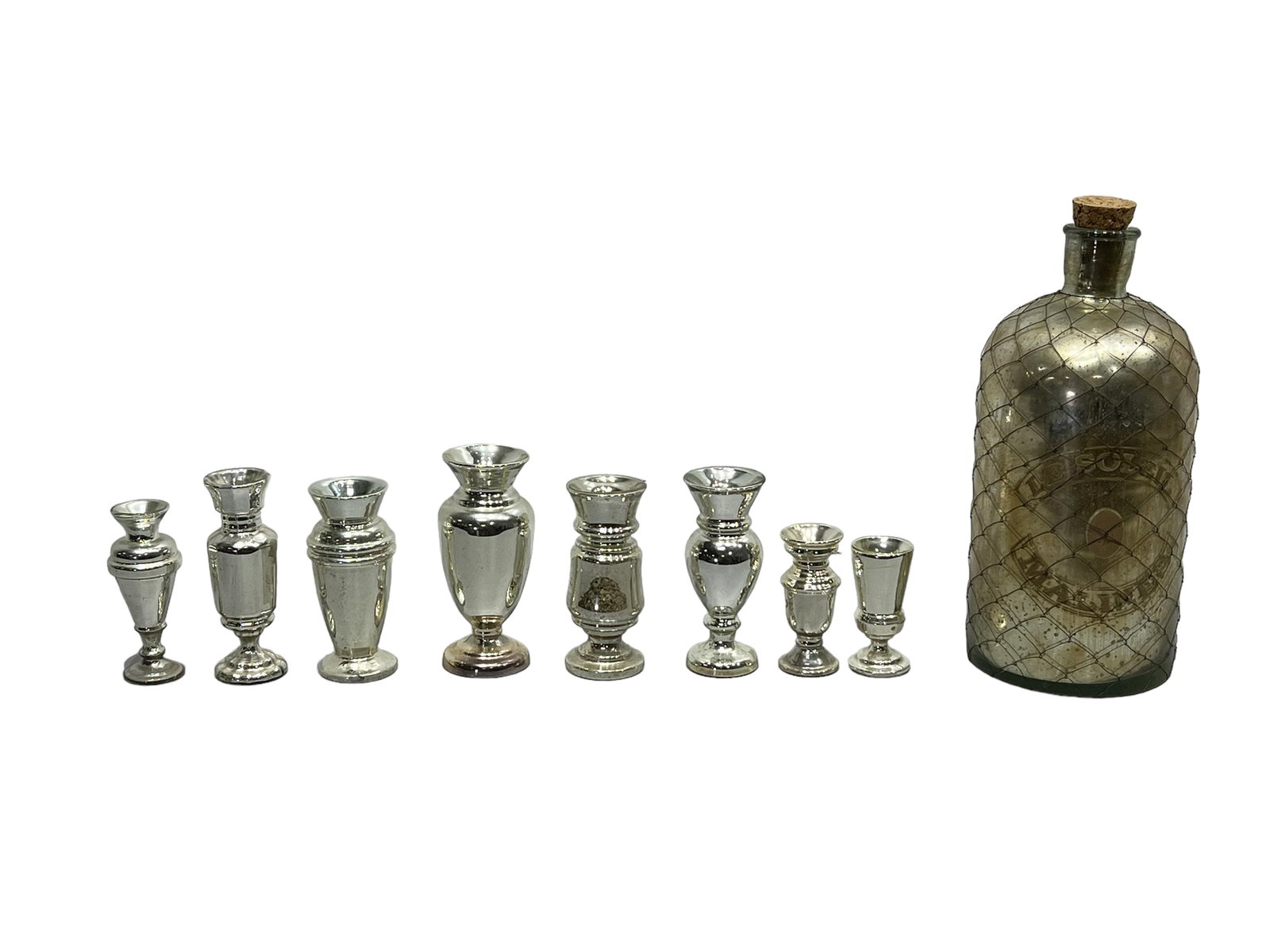 9pc. Lot -  Mercury Glass / Glass Bottle  -  19 1/2"H, 8 3/4" diam.   /   tallest -  9 1/4"H (1 of 11)
