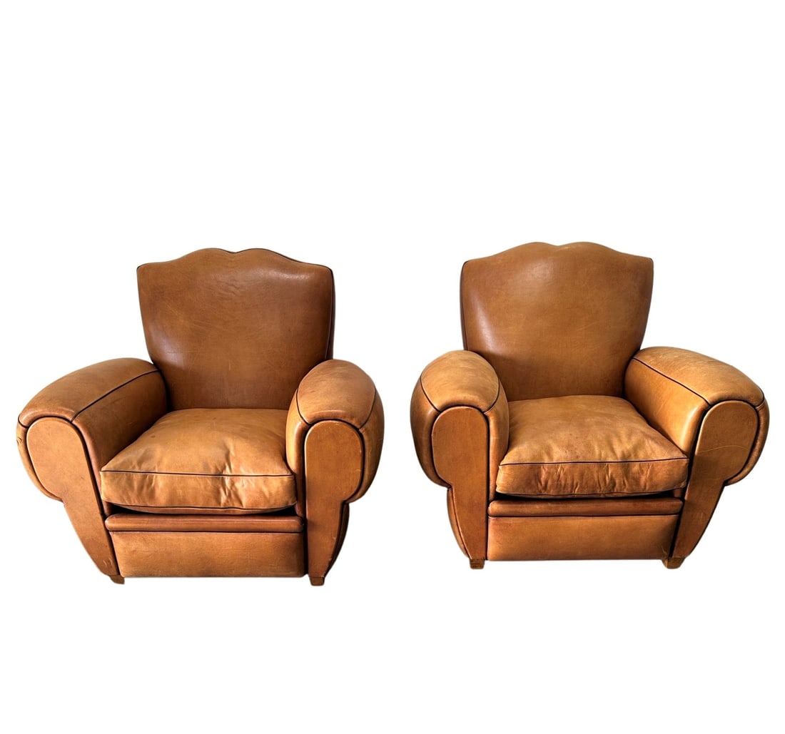 Pair of French Leather Club Chairs 32 3/4"H,   39 1/2"L,   32"W     both (1 of 13)