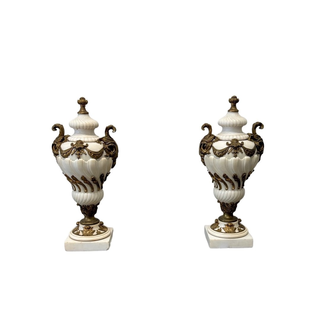 19th C. French Marble Urns w/ Brass Ormolu 30"H, 12 1/2"L, 11"W (both): 19th C. French Marble Urns w/ Brass Ormolu 30"H, 12 1/2"L, 11"W (both)
