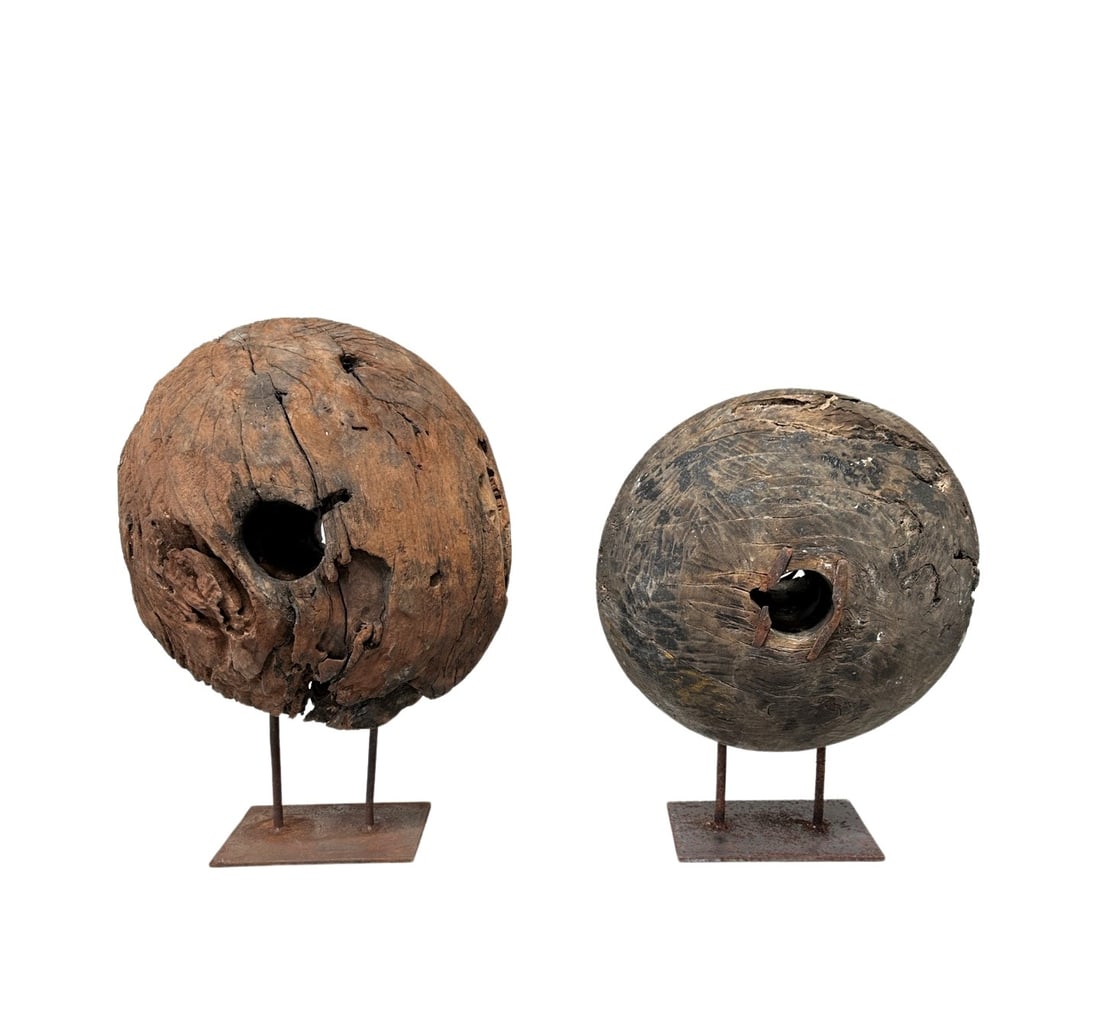 2pc. Lot of Wood Objects on Stands 20 1/2"H,   14"Diamater,   11 1/4"W (1 of 9)