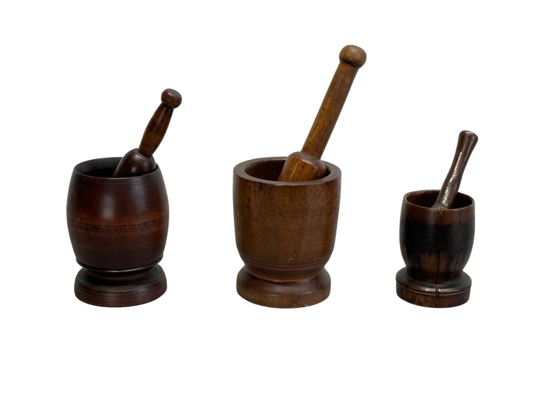 3pc. Lot of Wooden Mortars and Pestles biggest -  7 1/4"H,   6" diam.   /   12"L (1 of 15)