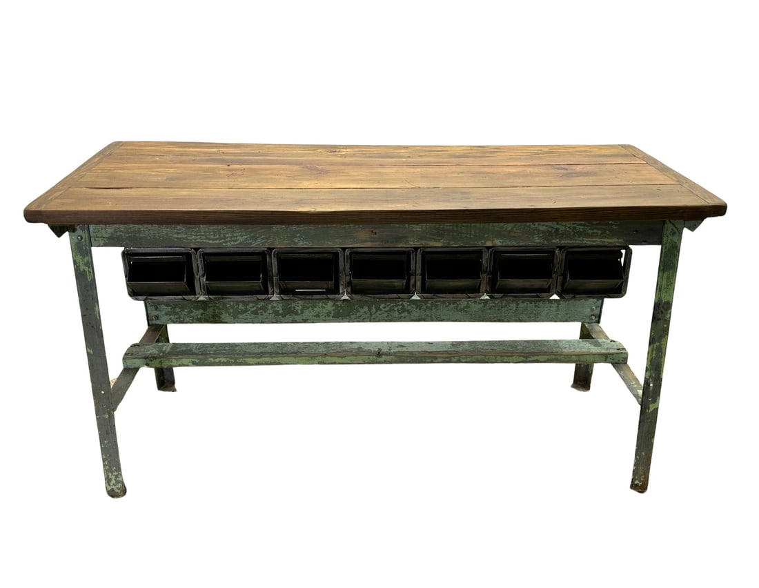 Industrial Green Painted Work Table w/ Metal Bins 34 1/4"H,   64 3/4"L,   27 1/2"W (1 of 10)