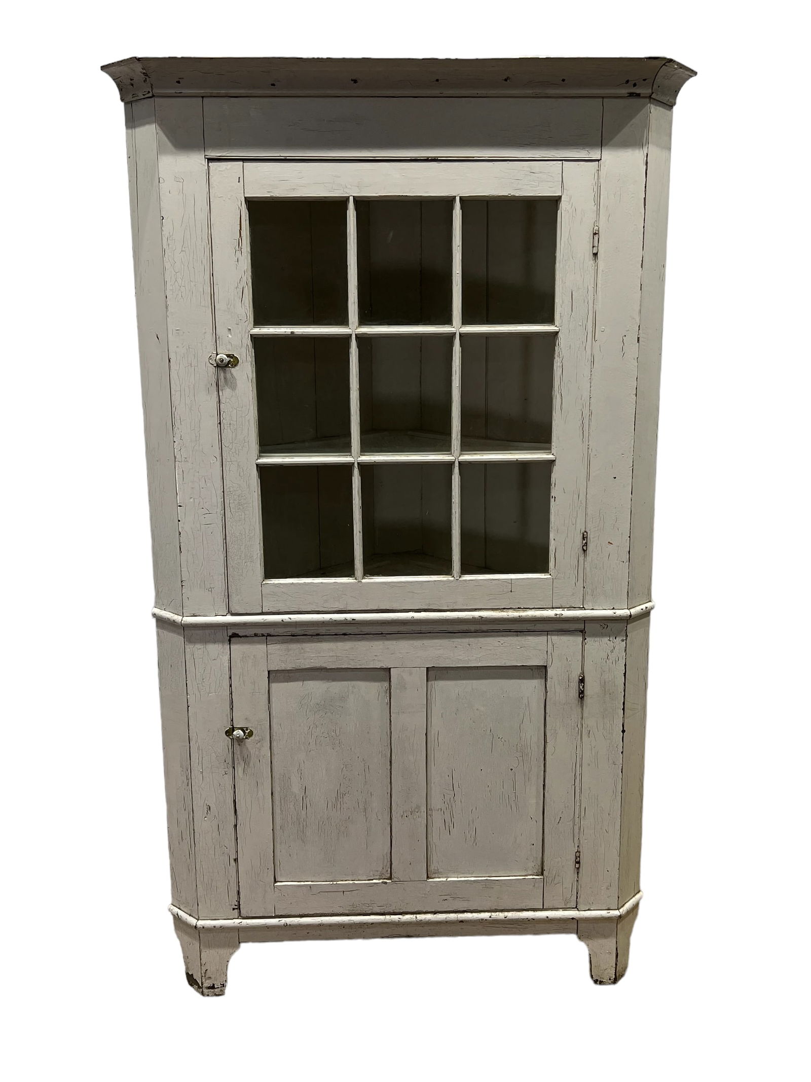 Pa. White Painted One Piece Corner Cupboard 78 5/8"H,   46"L(corner-corner),   23 3/4"W(front-back) (1 of 9)