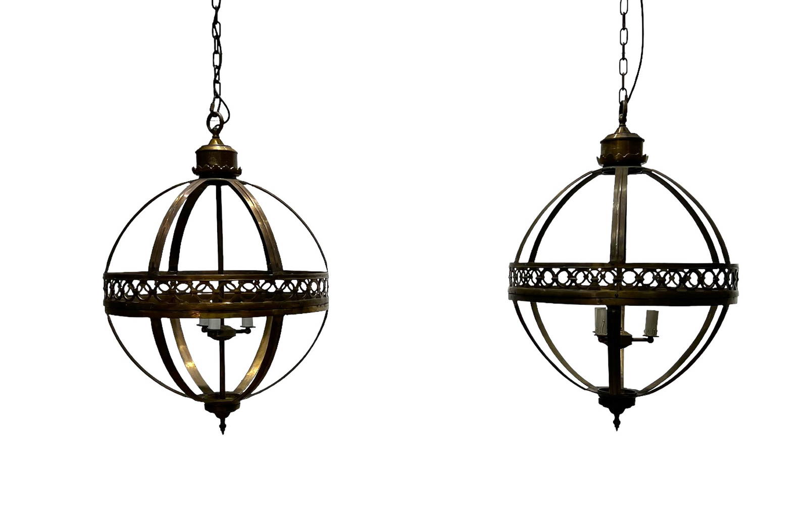 Pair Of Brass Colored Ball Chandeliers 36"h (top Of Fixture), 23 1/2