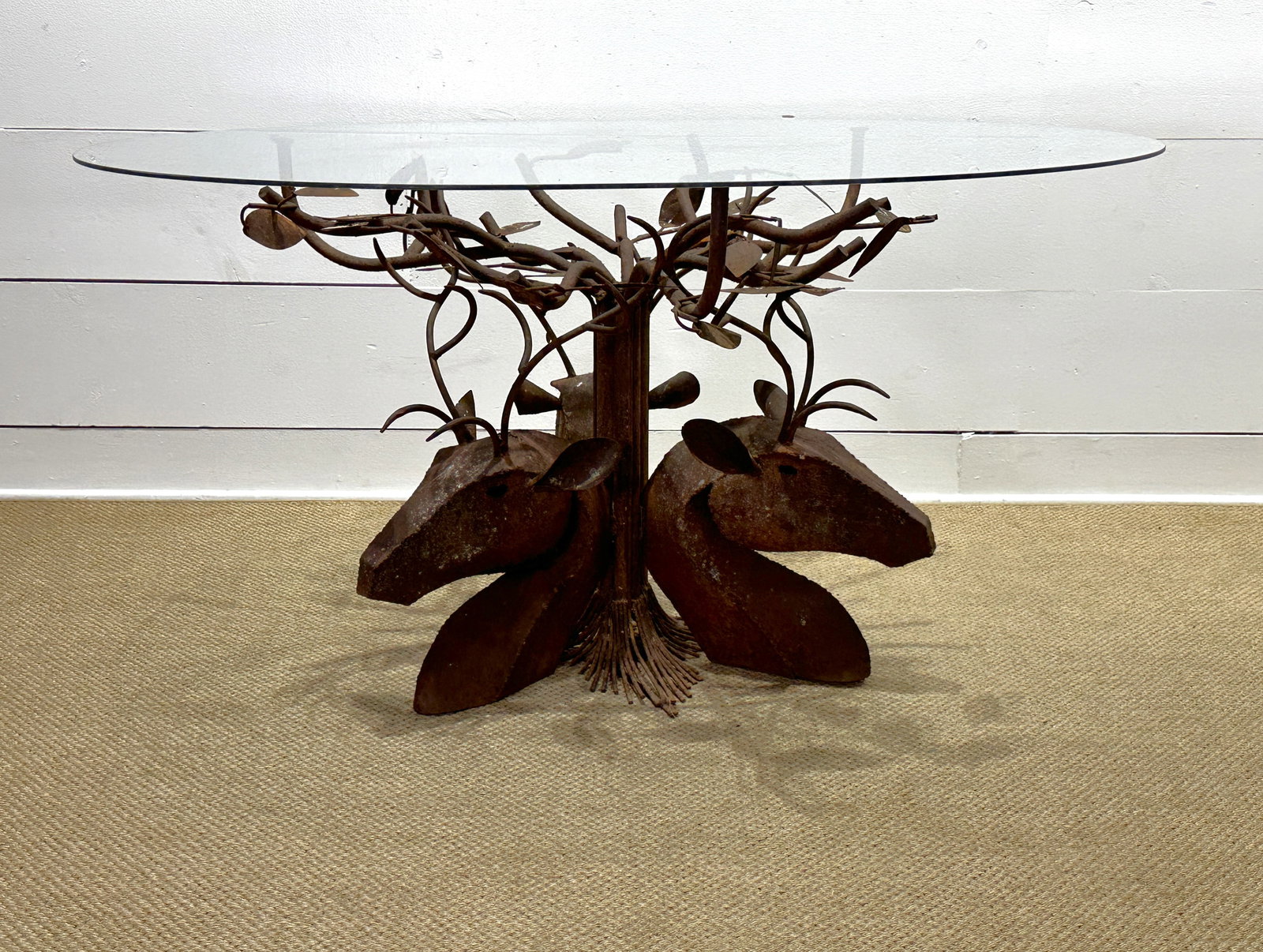 Folk Art Metal Deer Head Garden Table w/ glass top    /     30"H,  57 5/8"  x   48" (1 of 10)