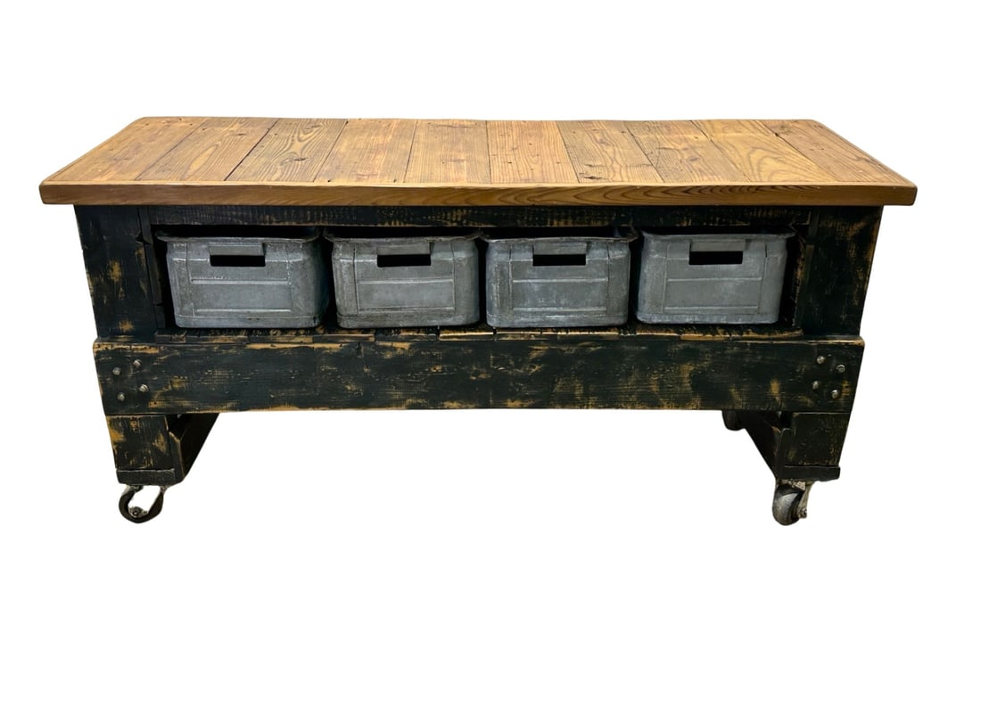 Black Painted Industrial Warehouse Work Island w/ metal bins    /     34 3/4"H,   71"L,   26 1/2"W (1 of 10)