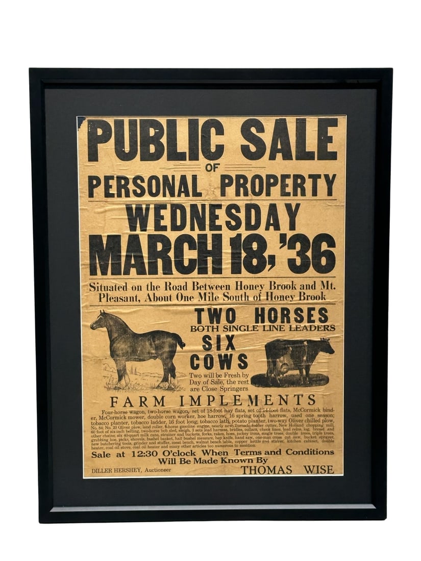 Framed Broadside -  Public Sale - Cows / Horses 27 1/2"  x   21 1/2" (1 of 8)