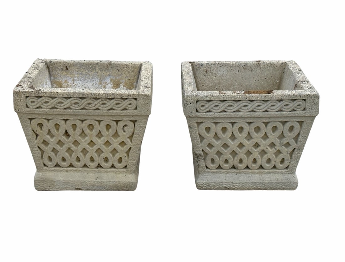 Pair of English Concrete Planters 13 1/2"H,   15 7/8"  x   15 7/8"      each (1 of 9)