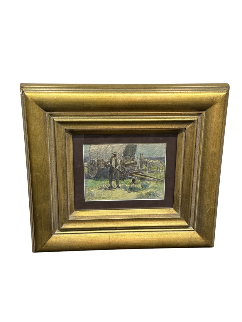 Watercolor / Pencil -  "Pioneer Man" by - Carl Schmidt  /  watercolor front image  /  pencil back (1 of 11)