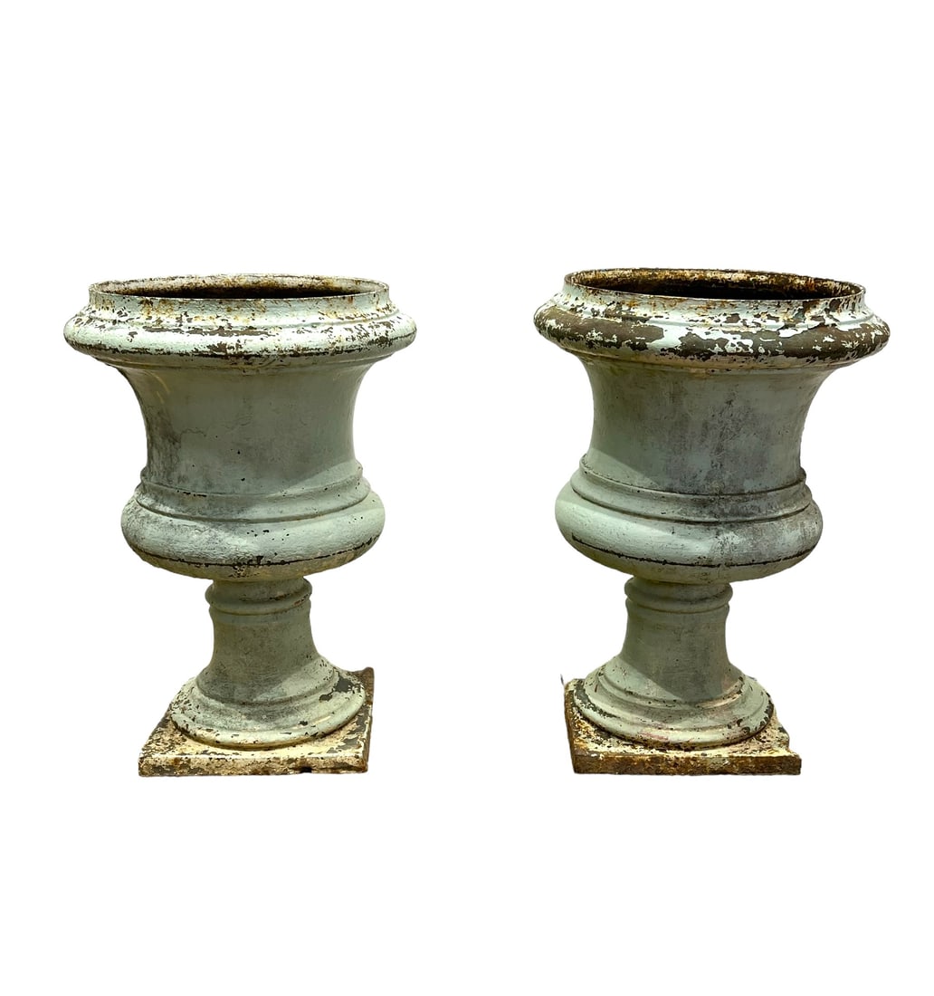 Pair of 19th C. English Cast Iron Garden Urns 28 1/2"H,   20 1/4"Diamater   ea. (1 of 10)