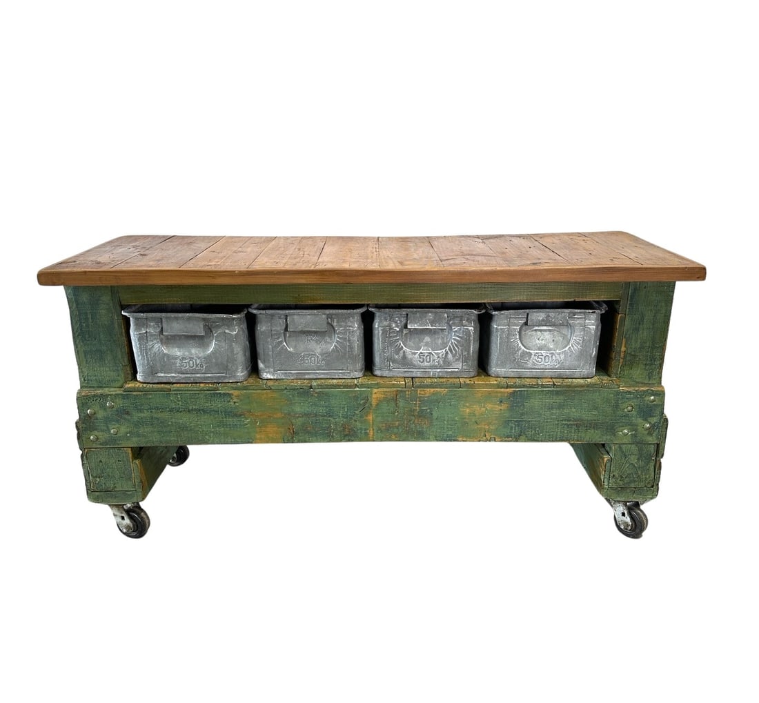 Green Painted Work Cart w/ Metal Bins 35"H,   72 1/2"L,   27 3/8"W (1 of 8)