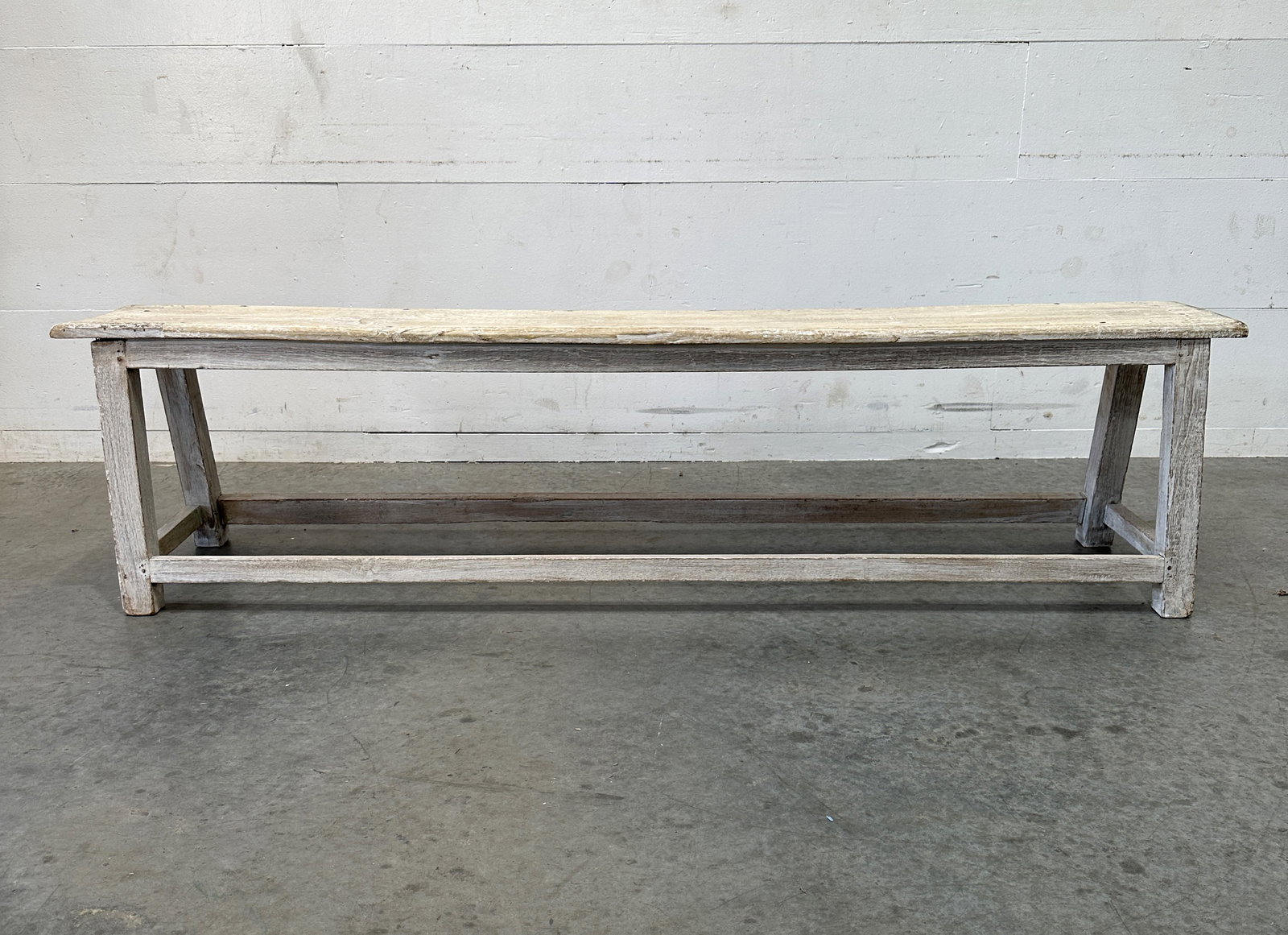 Wooden Bleached Farmhouse Bench 18 3/4"H, 73 3/4"L, 16 1/4"W: Wooden Bleached Farmhouse Bench 18 3/4"H, 73 3/4"L, 16 1/4"W
