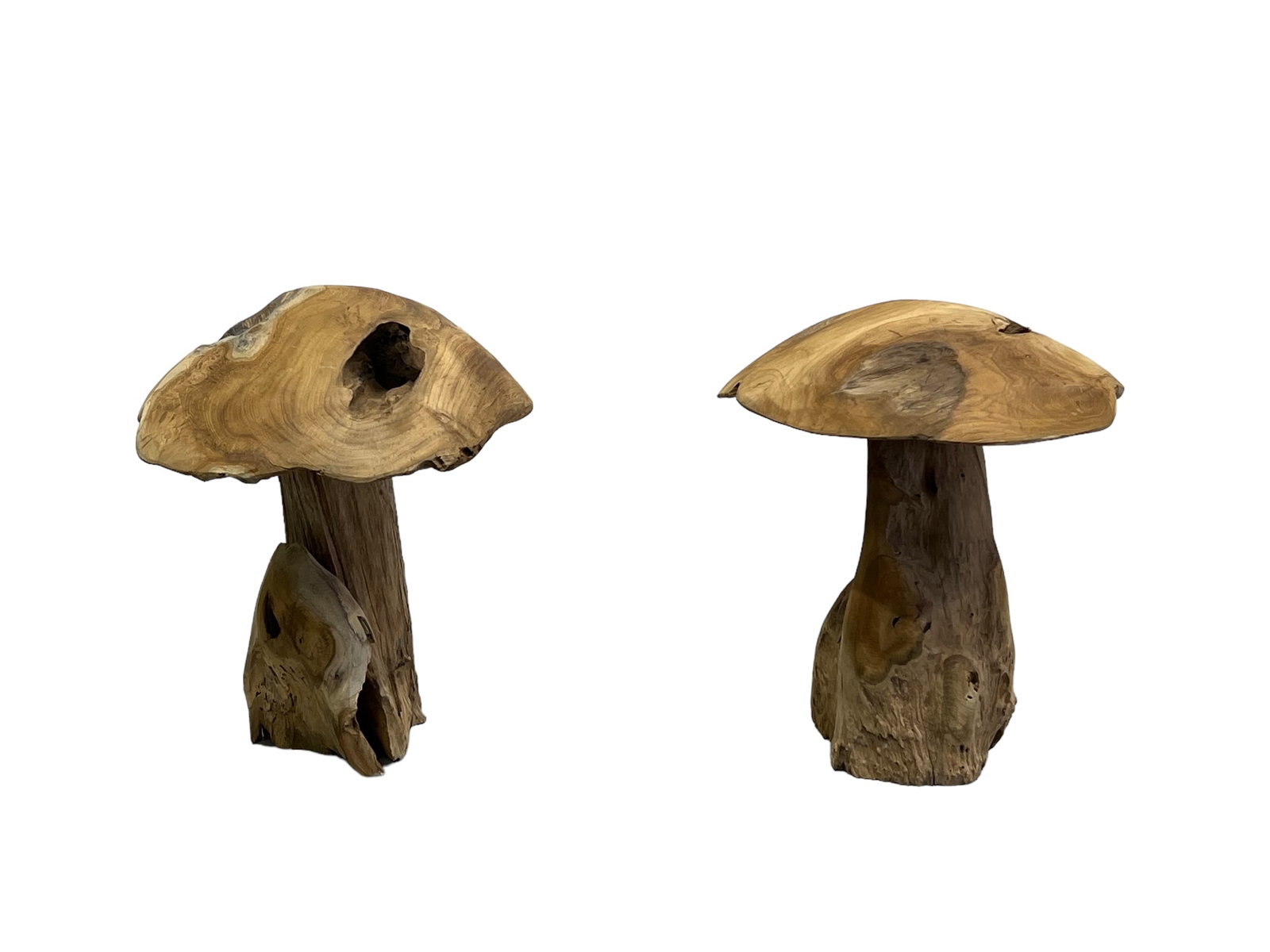 2pc. Lot of Teak Wood Garden Mushrooms 15 1/2"H, 14" x 13 1/4" / 14 3/4"H, 13 1/4" x: 2pc. Lot of Teak Wood Garden Mushrooms 15 1/2"H, 14" x 13 1/4" / 14 3/4"H, 13 1/4" x 13"