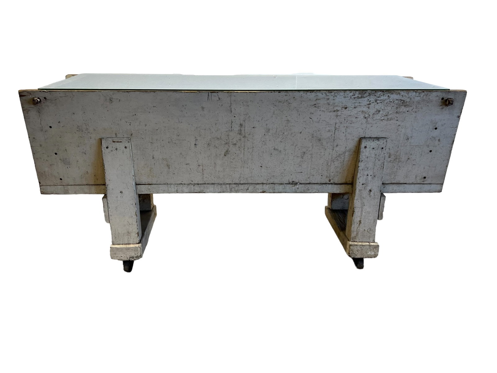 White Painted Dough Box Island w/ Glass Top 34 1/8"H,   72 1/8"L,   26 3/4"W(top),  27 3/4"W(at (1 of 8)