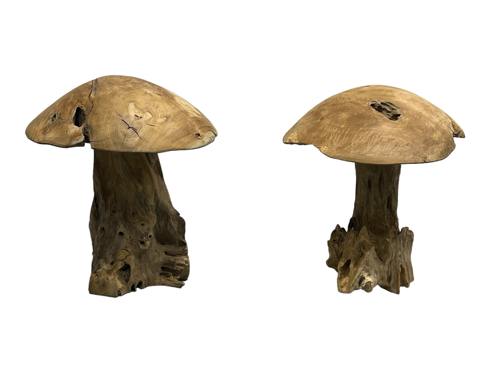 2pc. Lot of Teak Wood Garden Mushrooms 16"H, 14" x 13" / 15 1/4"H, 13 1/2" x 13": 2pc. Lot of Teak Wood Garden Mushrooms 16"H, 14" x 13" / 15 1/4"H, 13 1/2" x 13"