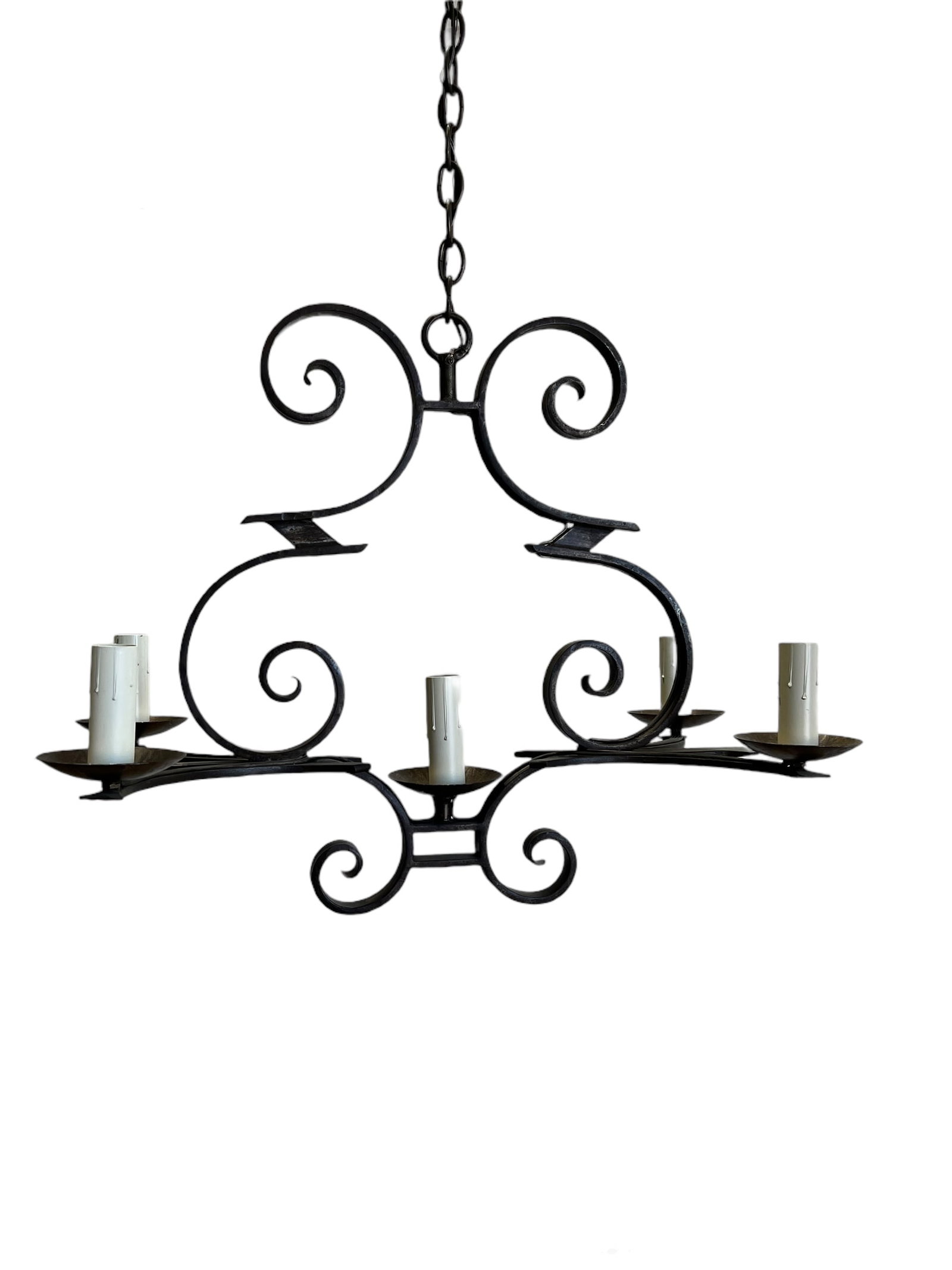 Five Light Iron Chandelier  -   electrified UL Listed   /   22"H(top of fixture),  27"  x  15 3/4" (1 of 8)