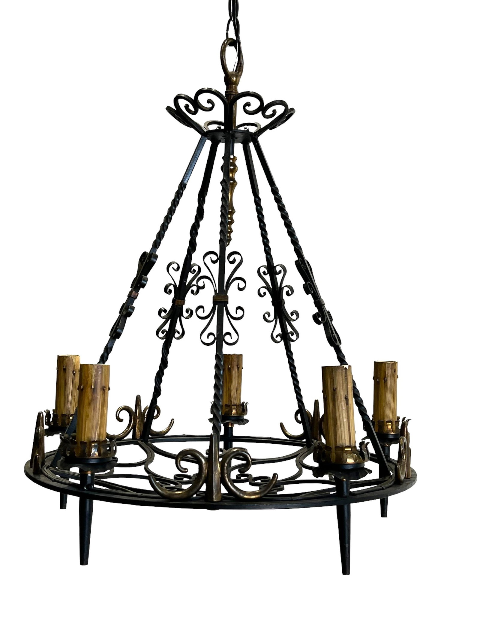 Five Light Round Iron Chandelier - electrified UL Listed  /  28"H(top of fixture),   21"  x  21" (1 of 8)
