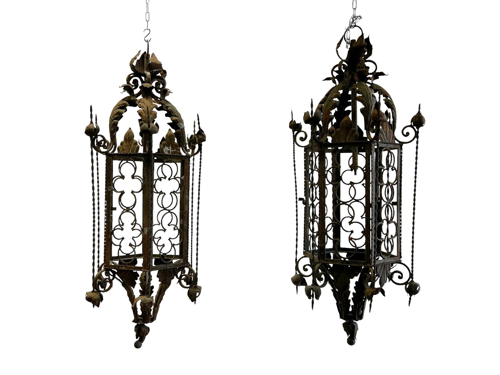 Pair of French Iron Hanging Lantern Fixtures 50"H(top of fixture),   21"  x  21" (1 of 15)