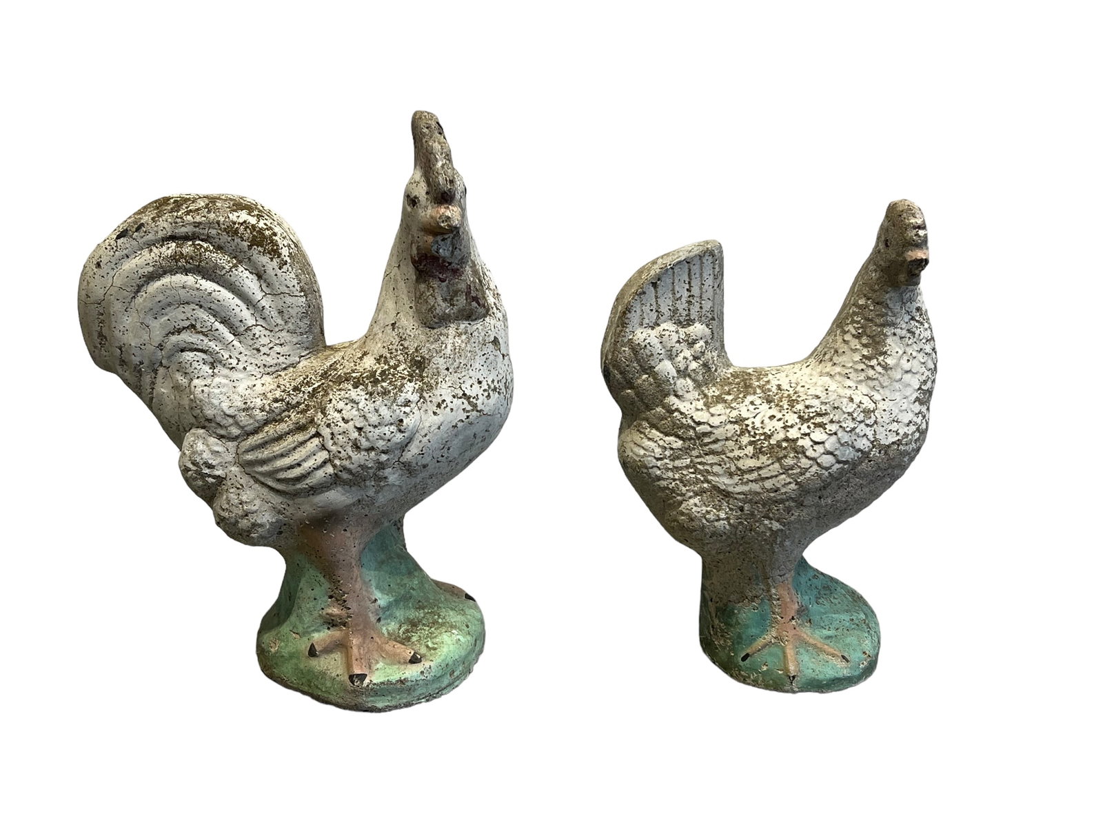 2pc. Lot of Concrete - Rooster / Chicken 17 3/8"H,  13"  x   7 3/4"    /    14 3/4"H,   10"  x   7" (1 of 9)