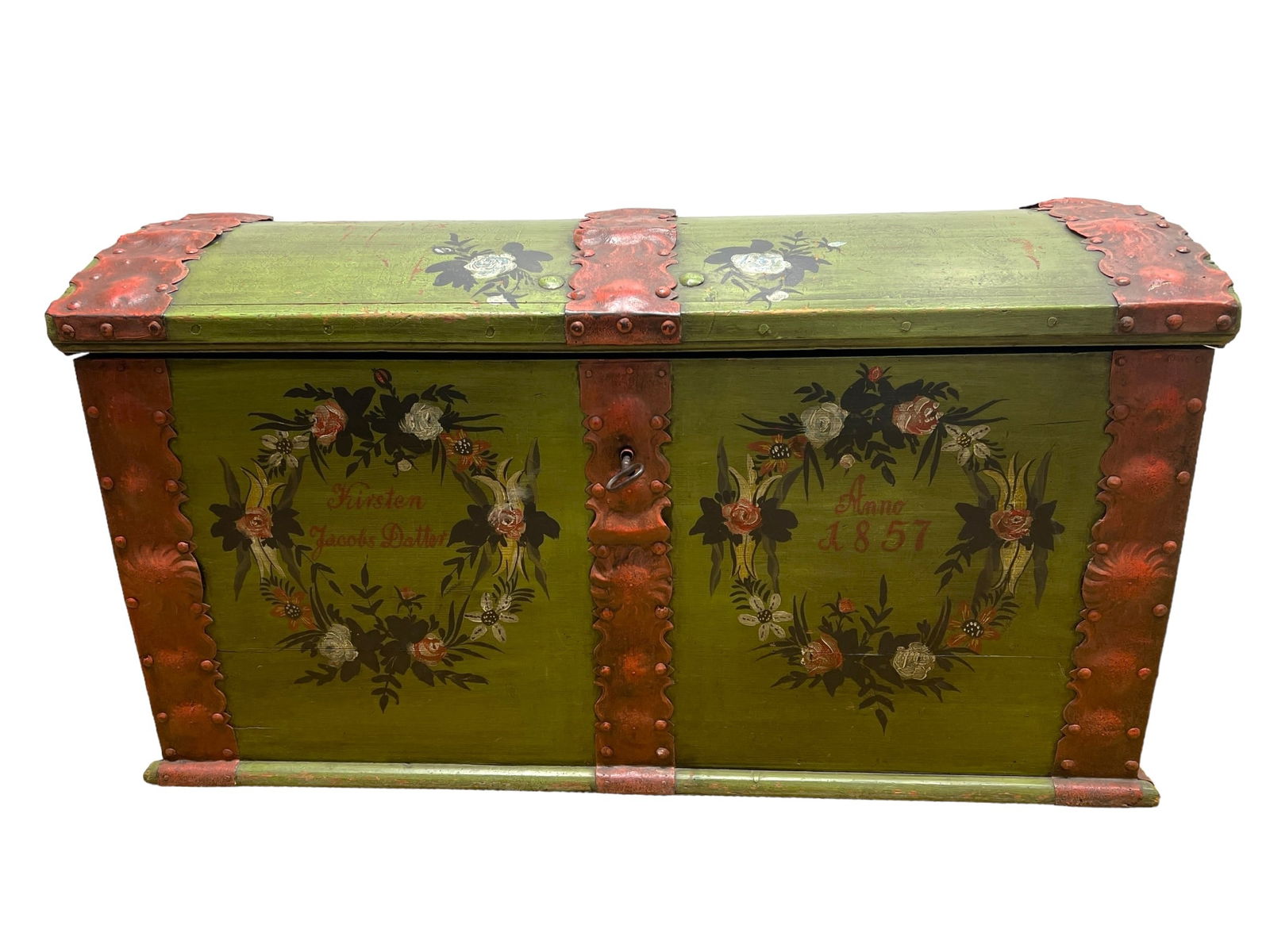 Immigrant's Chest Dated 1857 w/ Key 27 1/2"H, 49 1/2"L, 24"W (1 of 9)