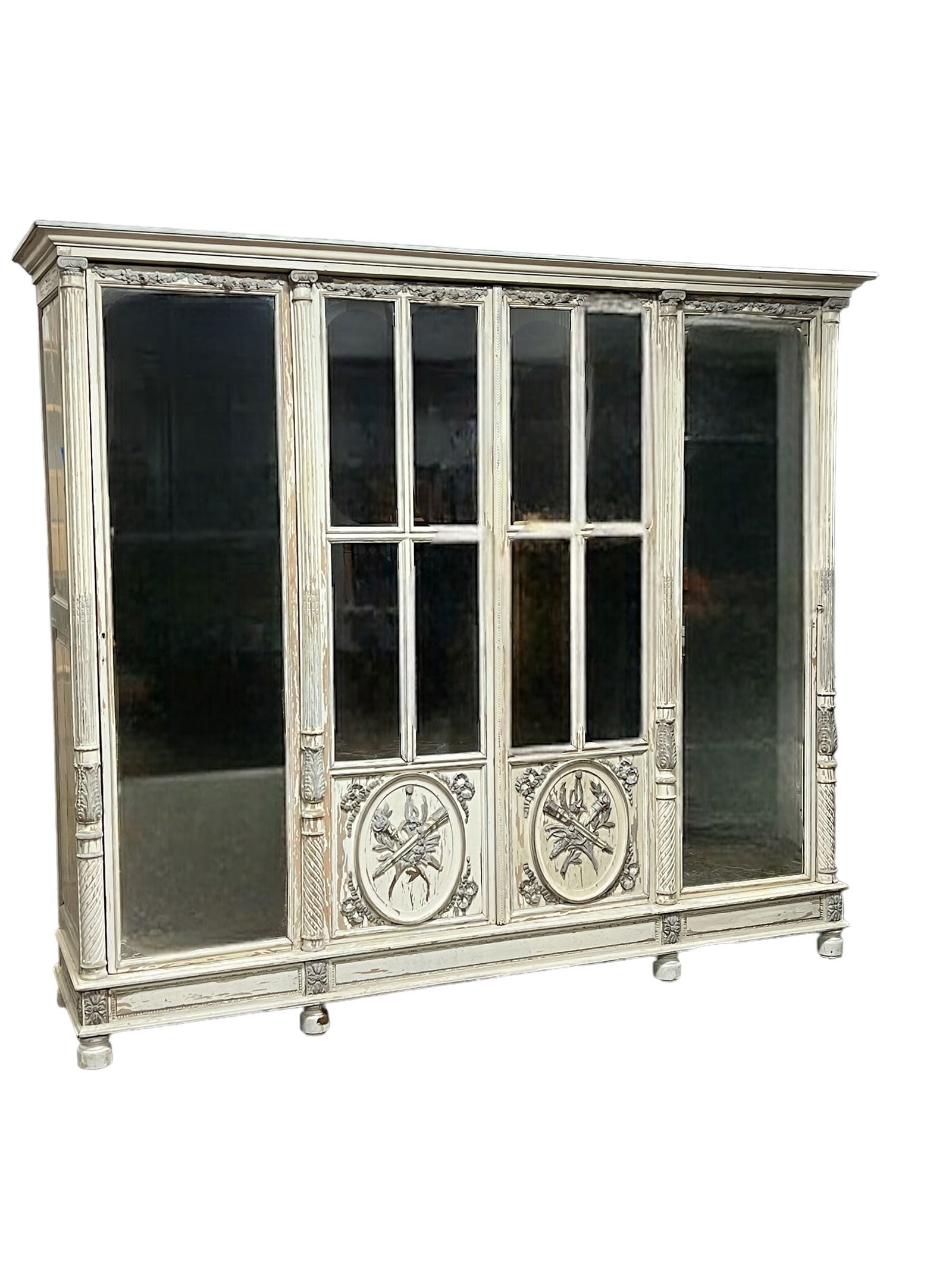 Late 19th C. French Carved and Painted Armoire w/ mirror doors   /   89 3/4"H, 103 1/2"L, 25 1/2"W (1 of 18)