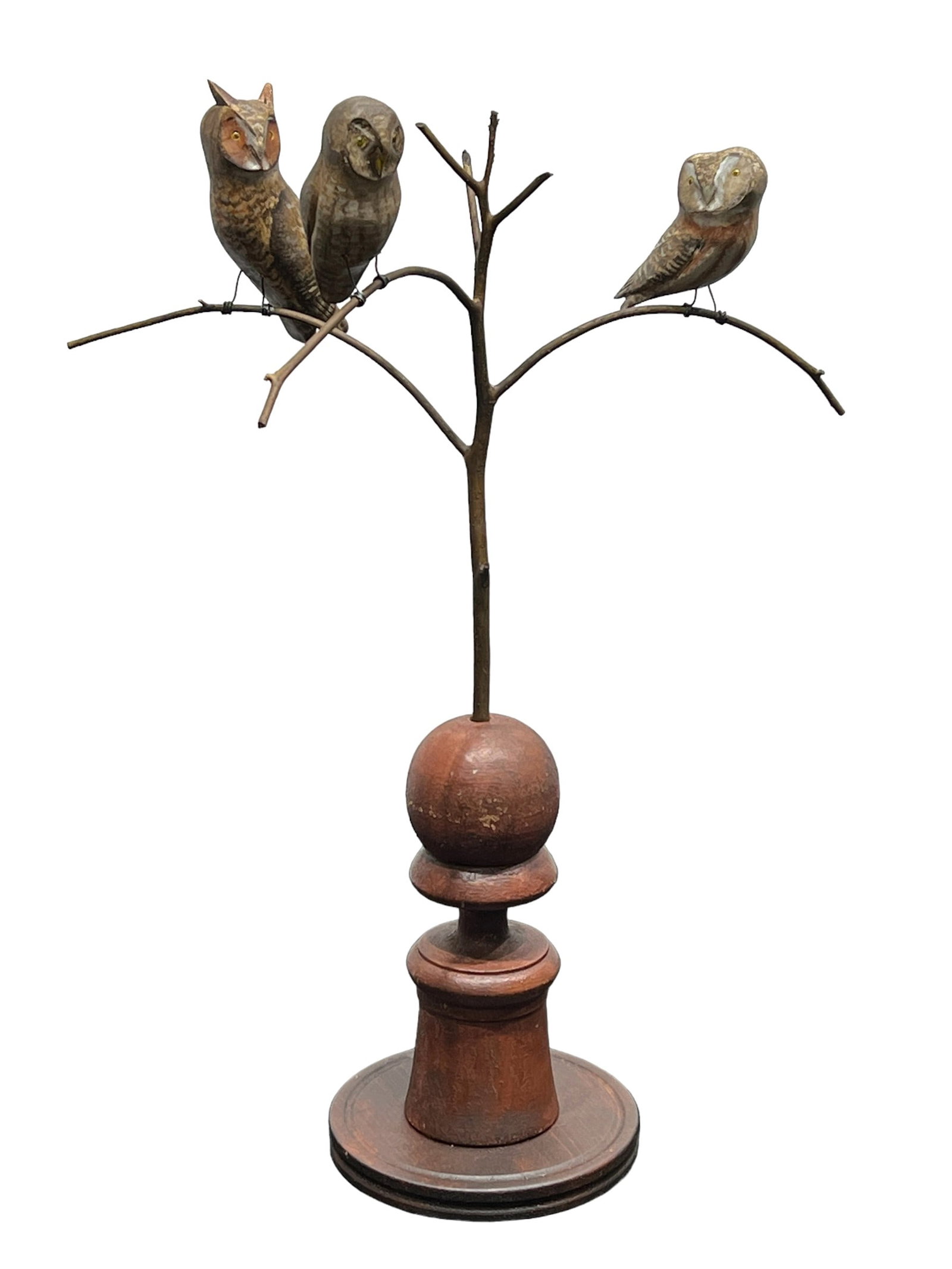 Folk Art Hand Carved Owl Tree by Ken Kirby 23"H,  23 1/4"L, 13"W   /   6" Diam (Base) (1 of 9)