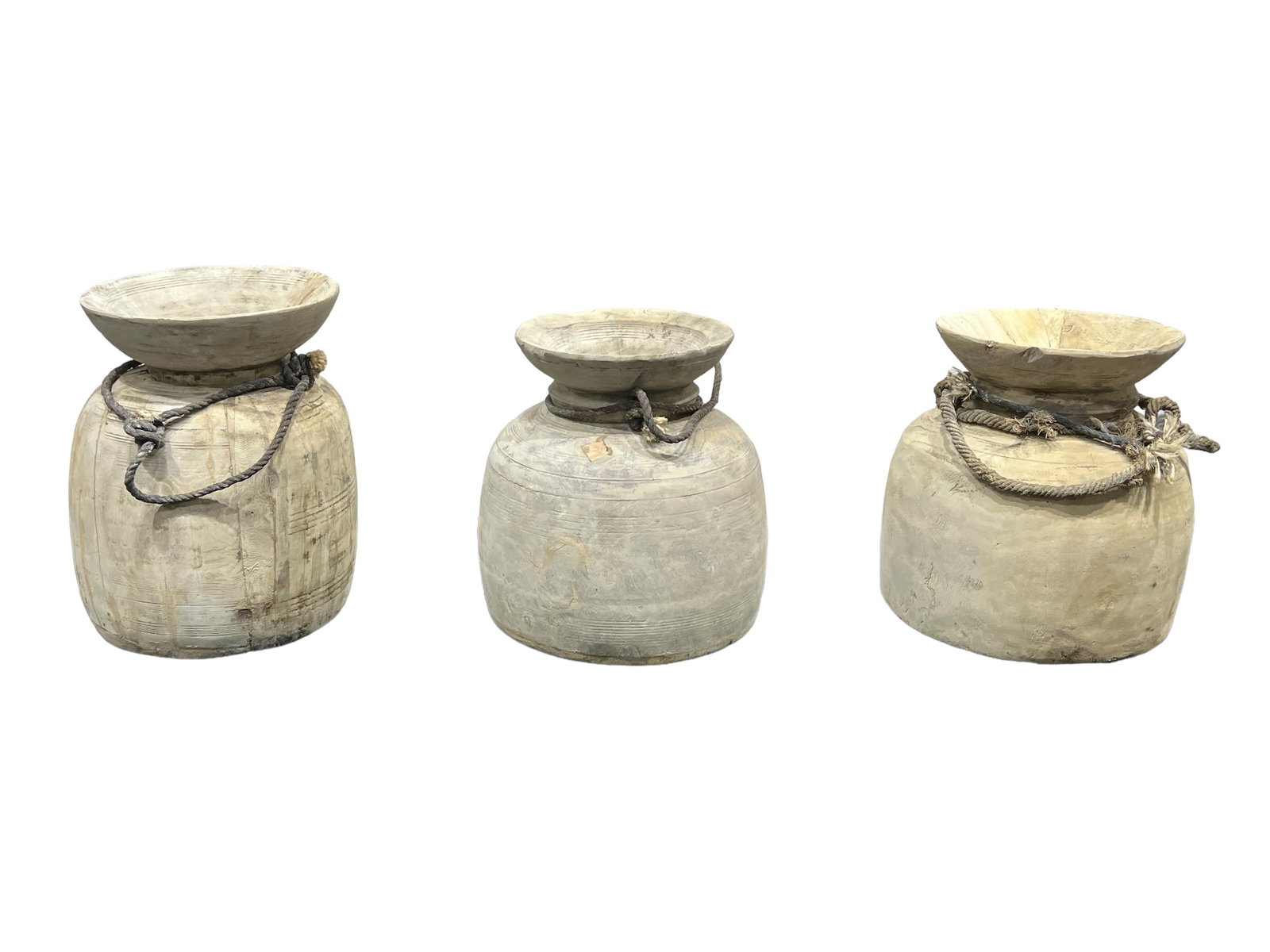 3pc. Lot of Wooden Water Pots w/ Rope Handle tallest - 16"H, 11 1/2" diam.: 3pc. Lot of Wooden Water Pots w/ Rope Handle tallest - 16"H, 11 1/2" diam.