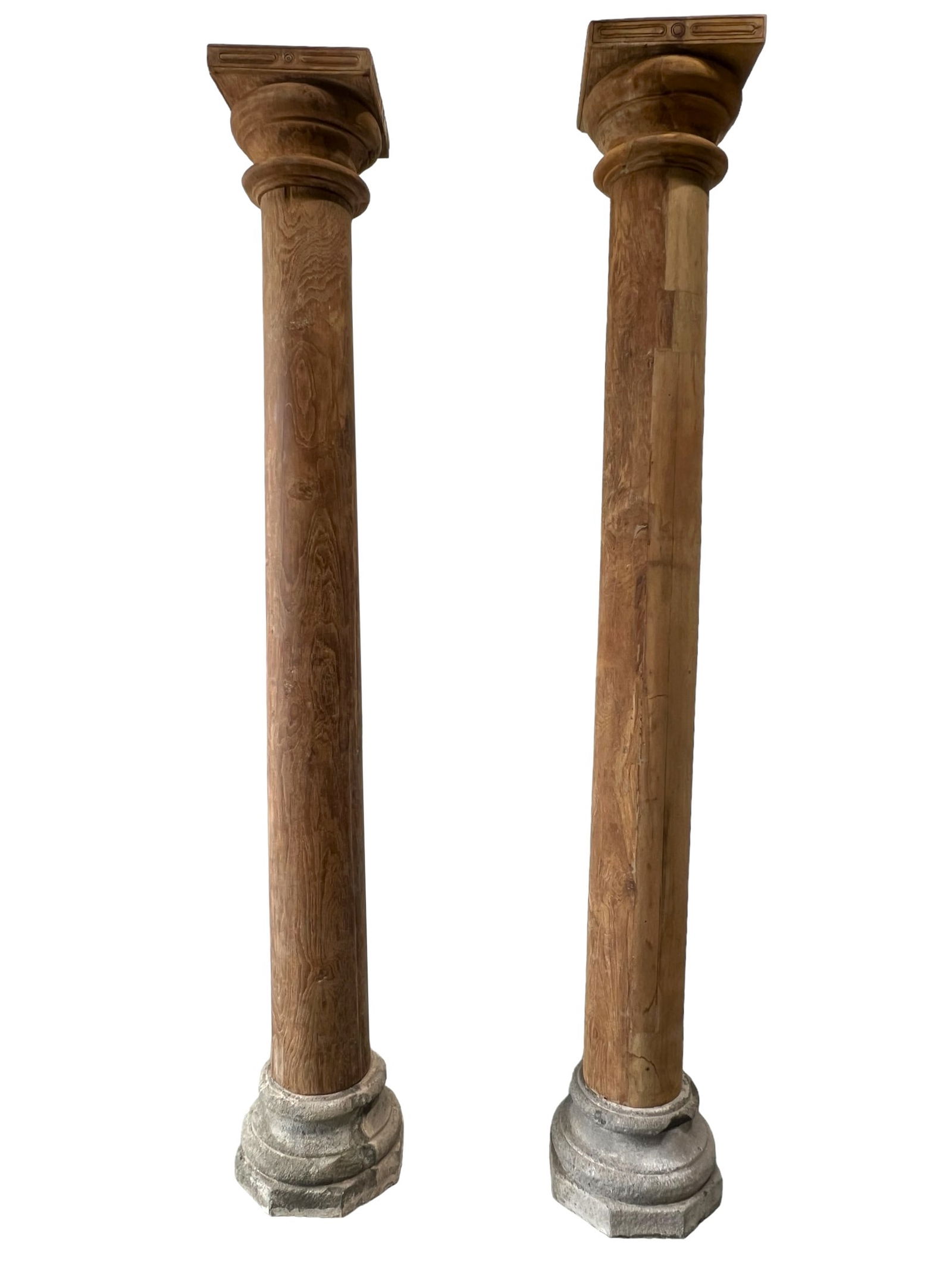 Pair of Palace Columns Stone Base  /  Wood Capital  /  116"H, 19 1/2" Diam Each (1 of 8)