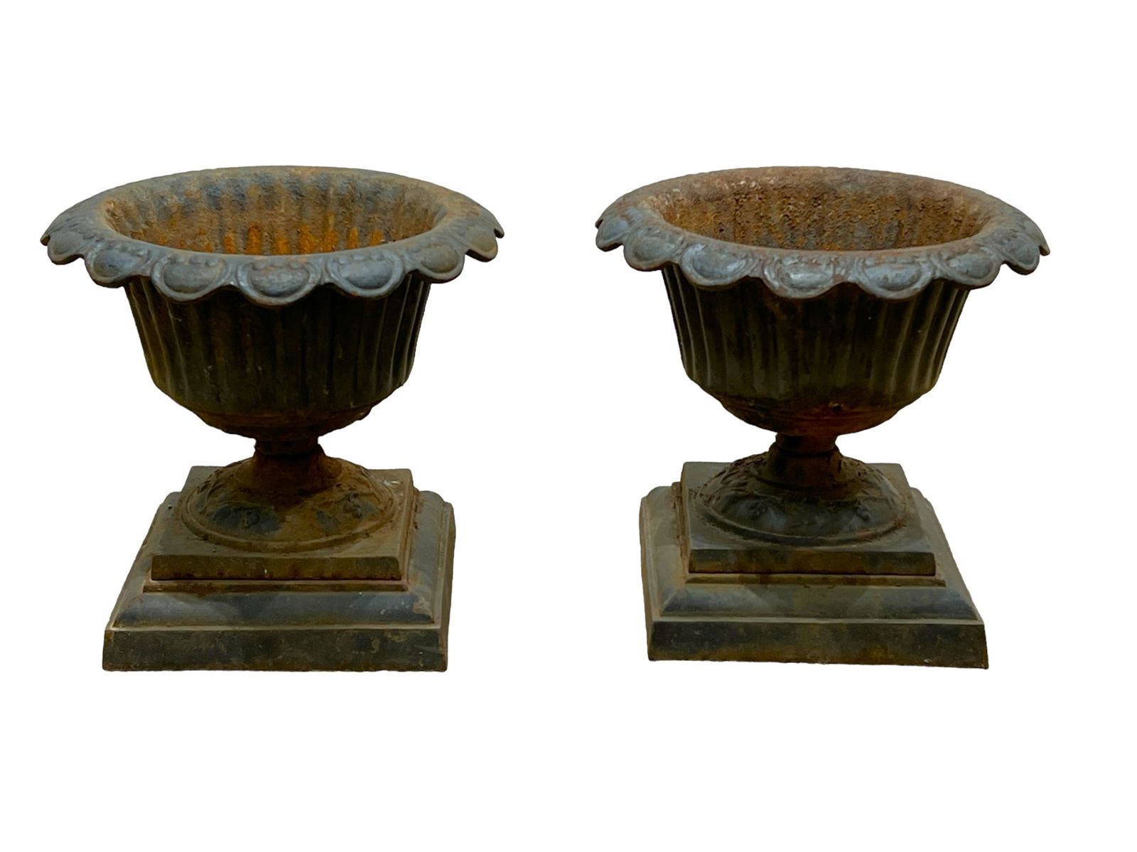 Pair of Small Cast Iron Garden Urns 12 3/4"H,   13 3/4" diam.       each (1 of 8)