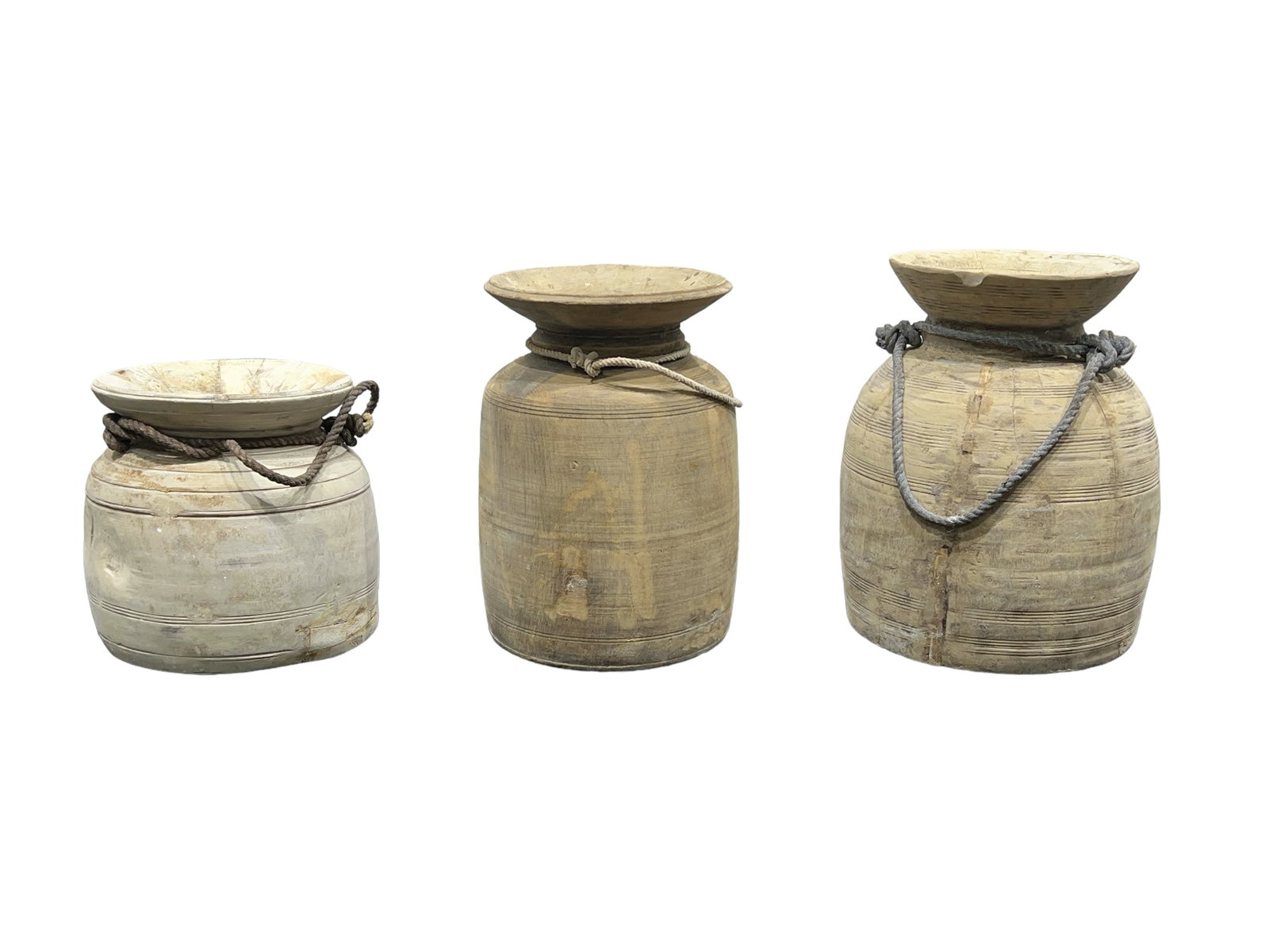 3pc. Lot of Wooden Water Pots w/ Rope Handles tallest - 17 3/4"H, 13 3/4" diam.: 3pc. Lot of Wooden Water Pots w/ Rope Handles tallest - 17 3/4"H, 13 3/4" diam.