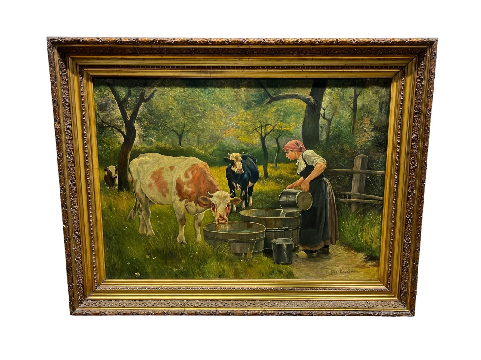 O/C - Cows At The Water Trough 34 1/4"H   x   44 1/2"L (1 of 8)