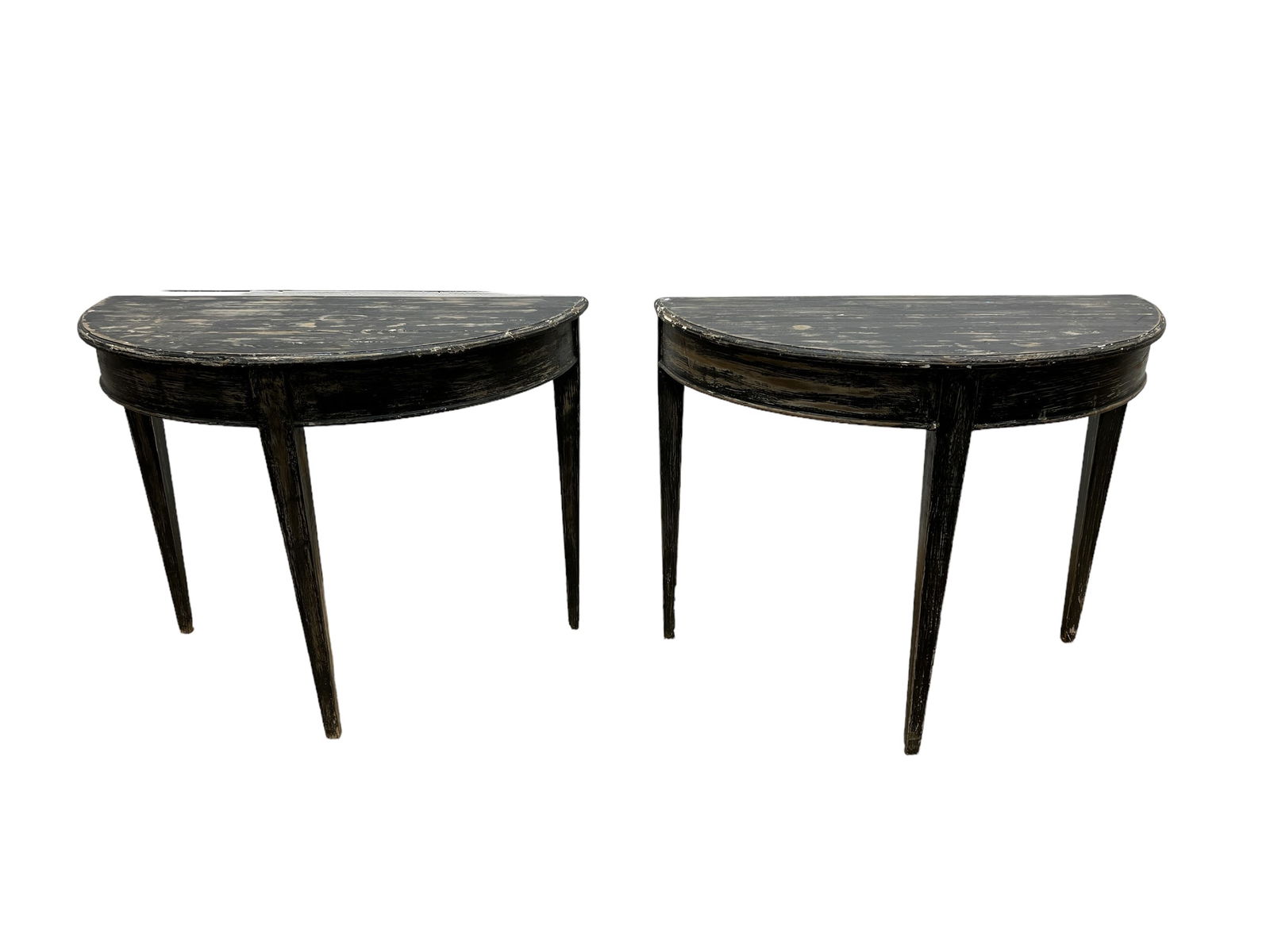Pair of French Black Painted Demi Lune Tables 31 1/2"H, 40 1/2"L, 19 3/4"W ea.: Pair of French Black Painted Demi Lune Tables 31 1/2"H, 40 1/2"L, 19 3/4"W ea.